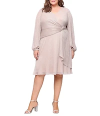 Ignite Evenings Plus Size Shimmer Bodre Surplice Neck Long Bubble Sleeve Twist Front Tea Dress