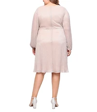 Ignite Evenings Plus Size Shimmer Bodre Surplice Neck Long Bubble Sleeve Twist Front Tea Dress