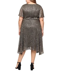 Ignite Evenings Plus Size Shimmer Bodre V-Neck Knot Front Short Flutter Sleeve Pointed Hem Empire Midi Dress