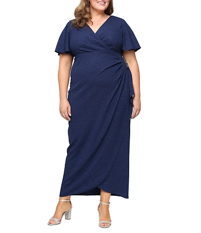 Ignite Evenings Plus Size Short Flutter Sleeve V-Neck Glitter Knit Dress