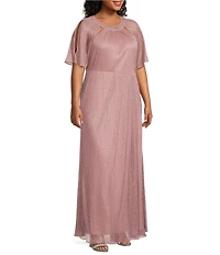 Ignite Evenings Plus Size Short Sleeve Embellished Cut-Out Crew Neck Front Slit Gown
