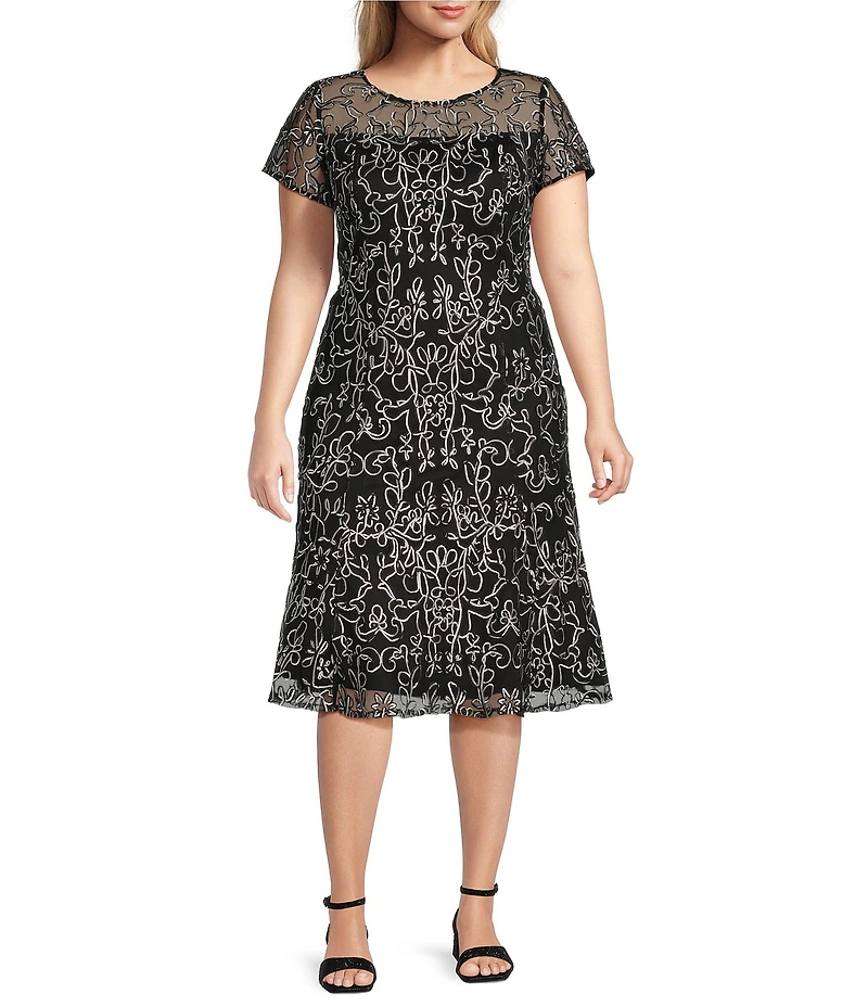 Ignite Evenings Plus Size Crew Neck Short Sleeve Embroidered Soutache Lace Illusion Midi Dress
