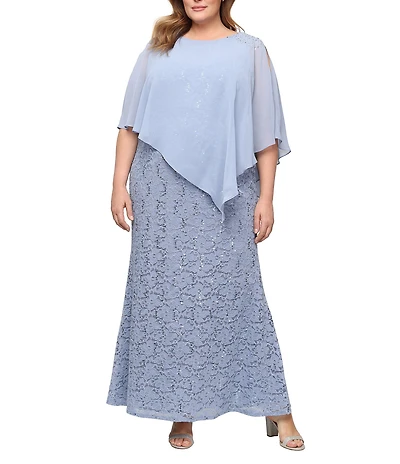 Ignite Evenings Plus Size Short Sleeve Round Neck Beaded Sequin Floral Lace Caplet Gown