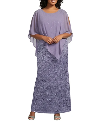 Ignite Evenings Plus Size Short Sleeve Round Neck Beaded Sequin Floral Lace Caplet Gown