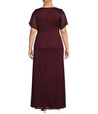 Ignite Evenings Plus Size Short Sleeve Round Neck Front Slit Glitter Jersey Dress