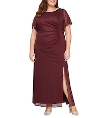 Ignite Evenings Plus Size Short Sleeve Round Neck Front Slit Glitter Jersey Dress