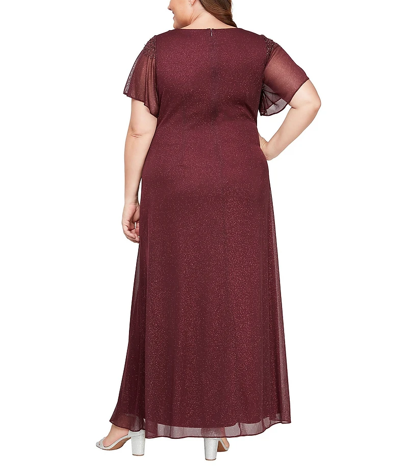Ignite Evenings Plus Size Short Sleeve Round Neck Front Slit Glitter Jersey Dress