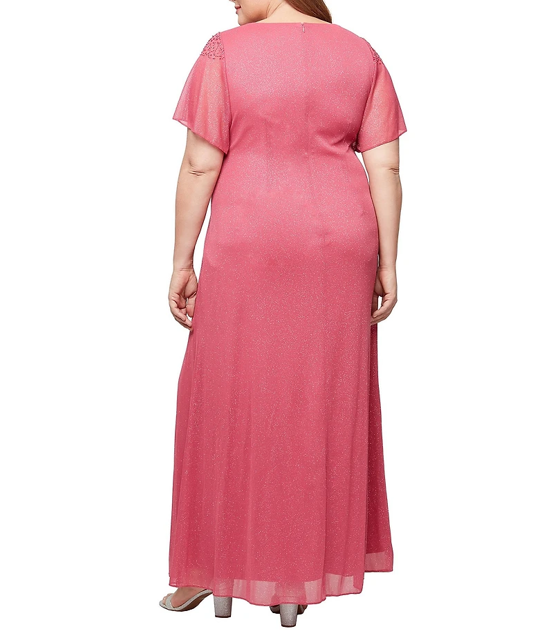 Ignite Evenings Plus Size Short Sleeve Round Neck Front Slit Glitter Jersey Dress