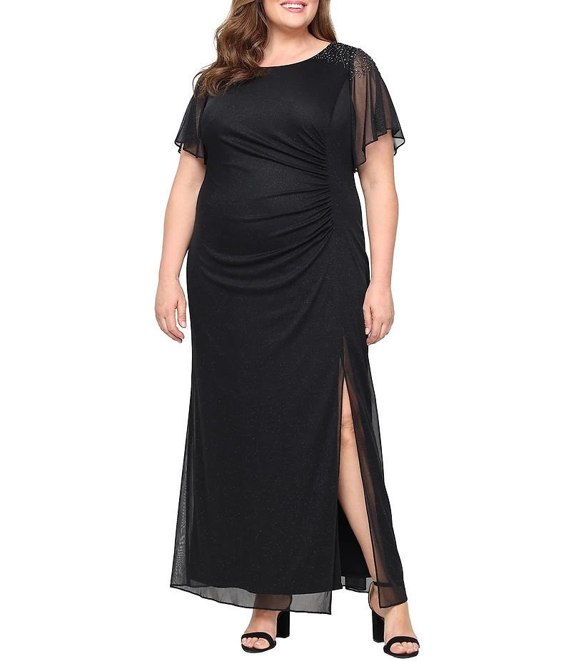 Ignite Evenings Plus Size Short Sleeve Round Neck Front Slit Glitter Jersey Dress