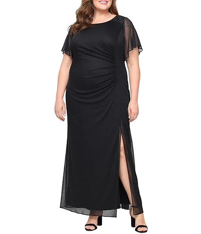 Ignite Evenings Plus Size Short Sleeve Round Neck Front Slit Glitter Jersey Dress