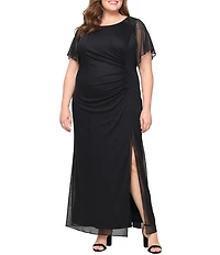 Ignite Evenings Plus Size Short Sleeve Round Neck Front Slit Glitter Jersey Dress
