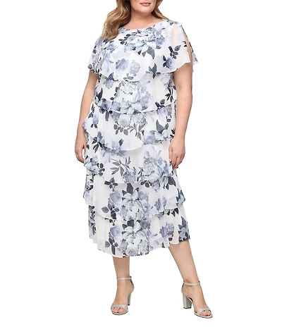 Ignite Evenings Plus Size Short Sleeve Tiered Floral Print Midi Dress