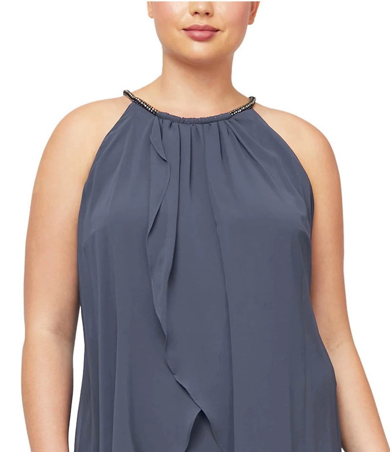 Ignite Evenings Plus Size Sleeveless Embellished Halter Neck Chiffon Dress