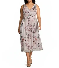 Ignite Evenings Plus Size Sleeveless V-Neck Floral Printed Mesh Dress