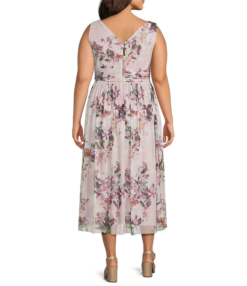 Ignite Evenings Plus Size Sleeveless V-Neck Floral Printed Mesh Dress