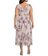 Ignite Evenings Plus Size Sleeveless V-Neck Floral Printed Mesh Dress