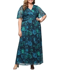 Ignite Evenings Plus Size Surplice Neck Flutter Sleeve Printed Chiffon Long Dress