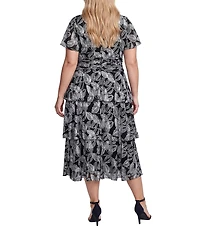 Ignite Evenings Plus Size Surplice Neck Flutter Sleeve Tiered Skirt Foil Bodre Dress