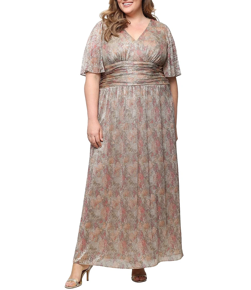 Ignite Evenings Plus Size Surplice Neck Ruched Waist Flutter Sleeve Printed Long Bodre Dress