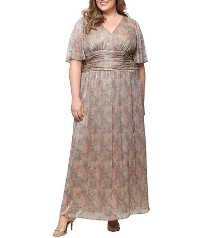 Ignite Evenings Plus Size Surplice Neck Ruched Waist Flutter Sleeve Printed Long Bodre Dress