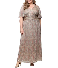 Ignite Evenings Plus Size Surplice Neck Ruched Waist Flutter Sleeve Printed Long Bodre Dress