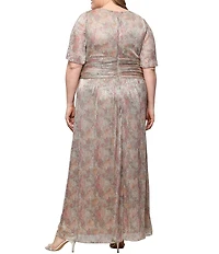 Ignite Evenings Plus Size Surplice Neck Ruched Waist Flutter Sleeve Printed Long Bodre Dress