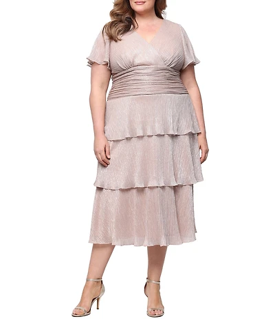 Ignite Evenings Plus Size Surplice Neck Short Sleeve Tiered Metallic Bodre Midi Dress