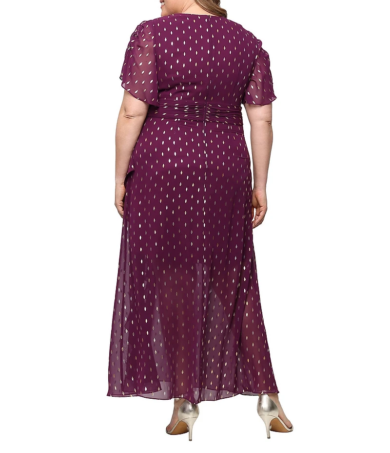 Ignite Evenings Plus Size Surplice V-Neck Flutter Sleeve Cascade Ruffle Chiffon Foil Printed Gown
