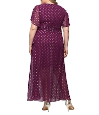 Ignite Evenings Plus Size Surplice V-Neck Flutter Sleeve Cascade Ruffle Chiffon Foil Printed Gown