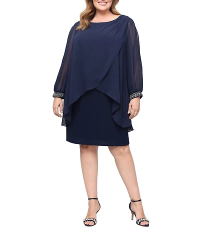 Ignite Evenings Plus Size Tulip Overlay Boat Neck 3/4 Split Sleeve Sheath Dress