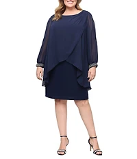 Ignite Evenings Plus Size Tulip Overlay Boat Neck 3/4 Split Sleeve Sheath Dress