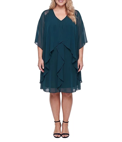 Ignite Evenings Plus Size V Neck Beaded Chiffon Jacket Dress