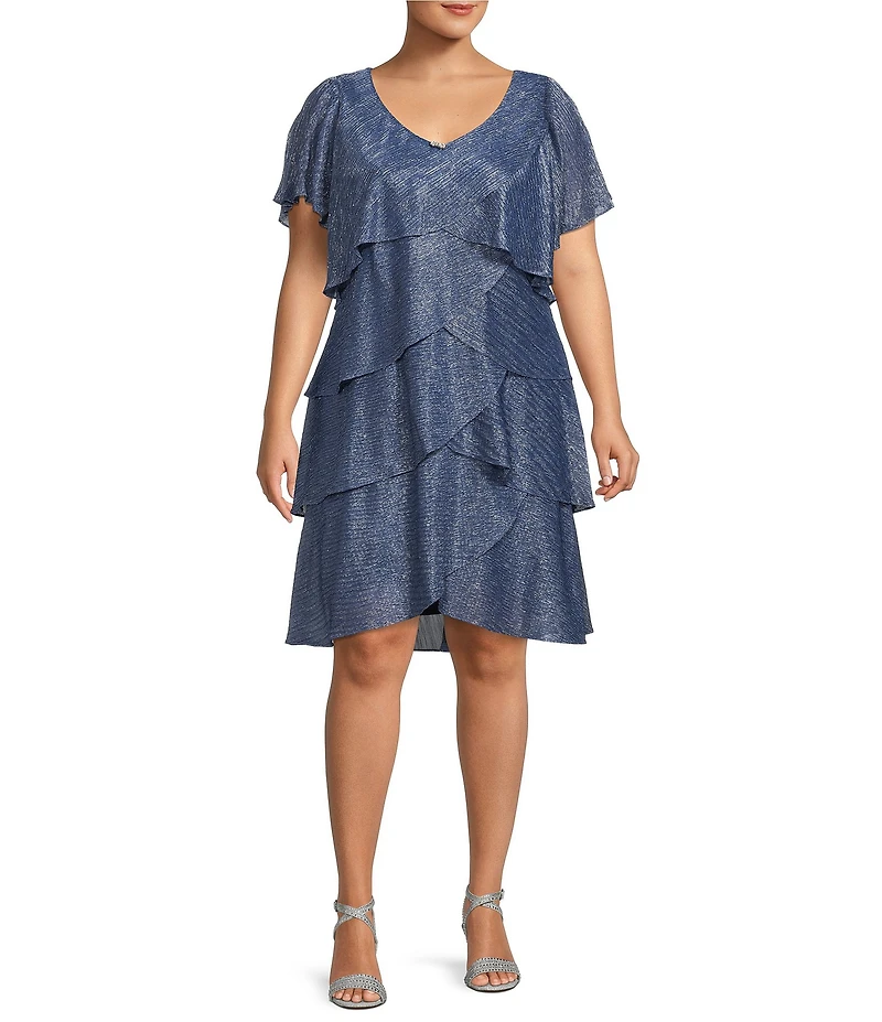Ignite Evenings Plus Size V-Neck Shimmer Tiered Short Sleeve Dress