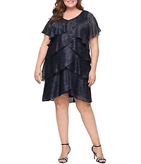 Ignite Evenings Plus Size V-Neck Shimmer Tiered Short Sleeve Dress