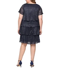 Ignite Evenings Plus Size V-Neck Shimmer Tiered Short Sleeve Dress