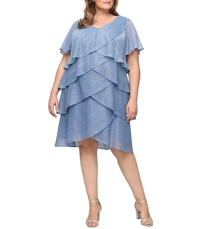 Ignite Evenings Plus Size V-Neck Shimmer Tiered Short Sleeve Dress