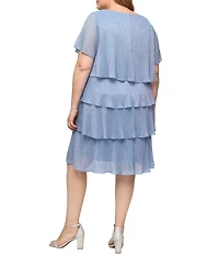 Ignite Evenings Plus Size V-Neck Shimmer Tiered Short Sleeve Dress