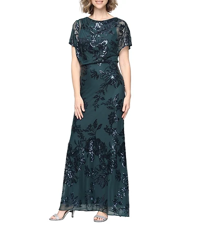 Ignite Evenings Power Mesh Sequin Detail Short Flutter Sleeve Long Blouson Dress