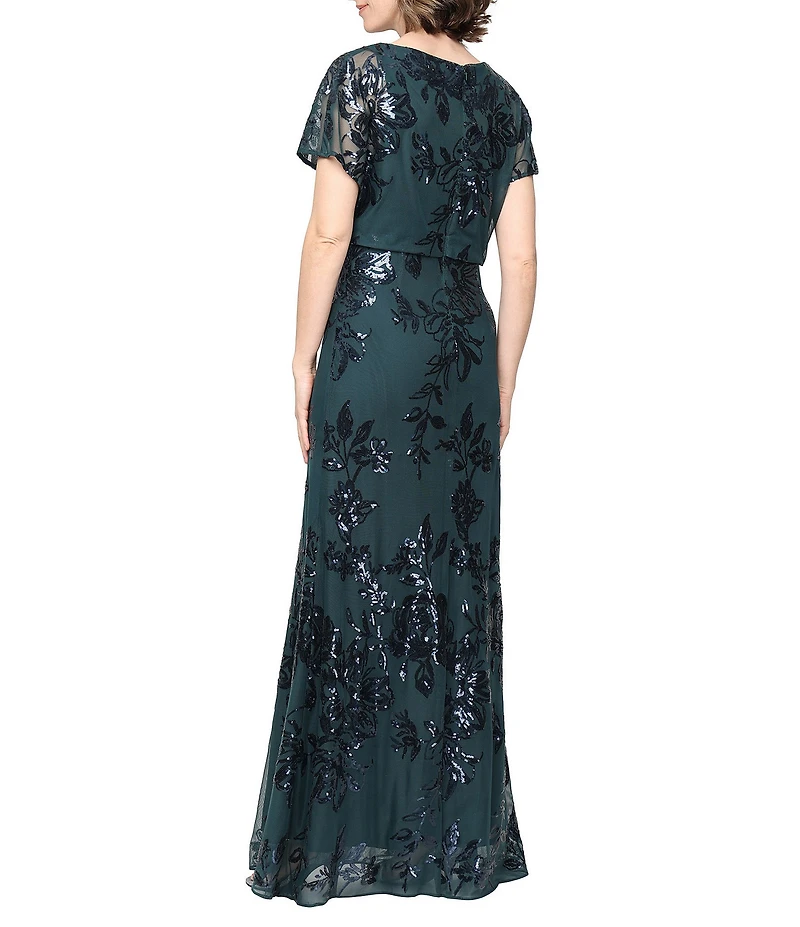 Ignite Evenings Power Mesh Sequin Detail Short Flutter Sleeve Long Blouson Dress