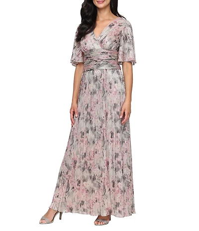 Ignite Evenings Printed Bodre Surplice Neck Short Flutter Sleeve Gown