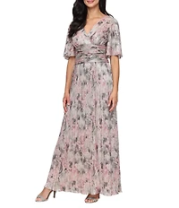Ignite Evenings Printed Bodre Surplice Neck Short Flutter Sleeve Gown