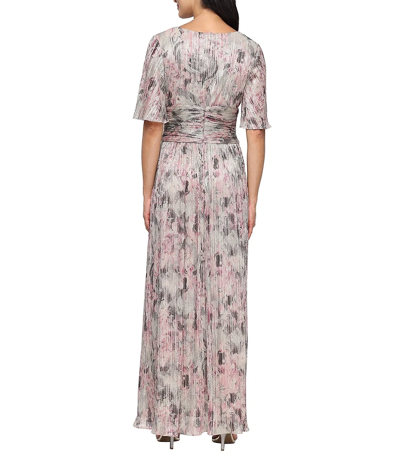 Ignite Evenings Printed Bodre Surplice Neck Short Flutter Sleeve Gown