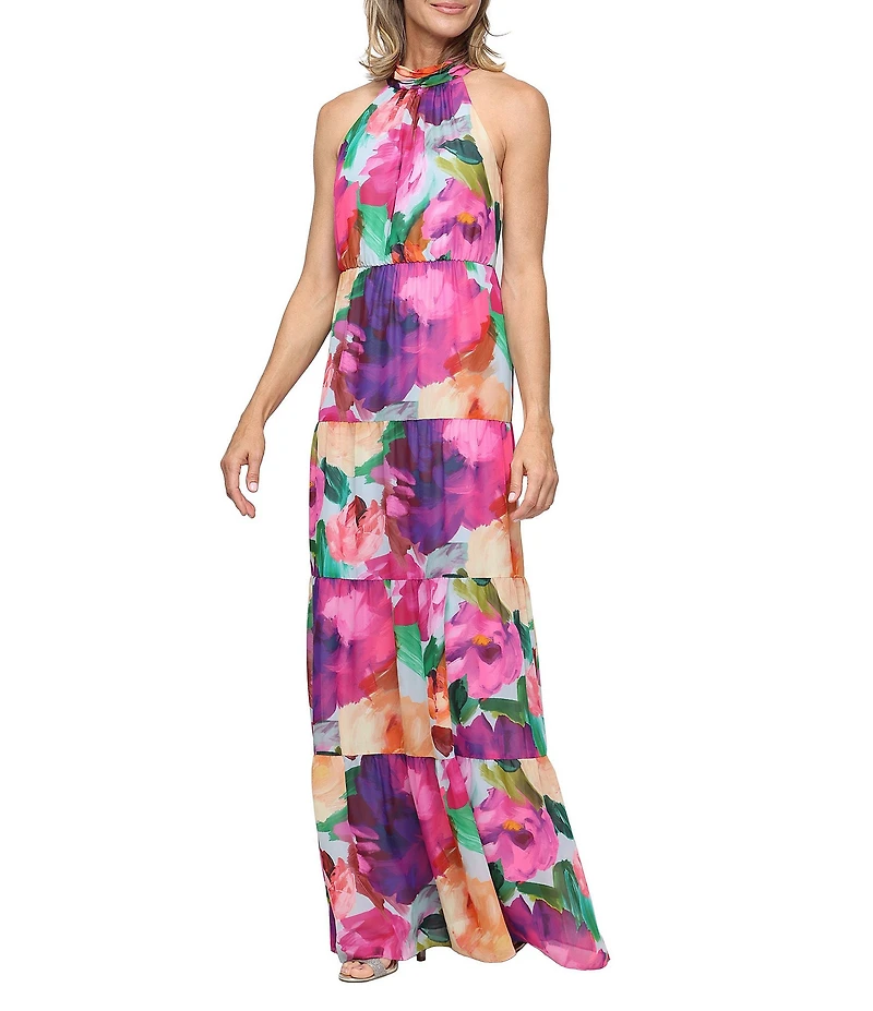 Ignite Evenings Printed Chiffon Floral Print Sleeveless Halter Neck Sheath Dress