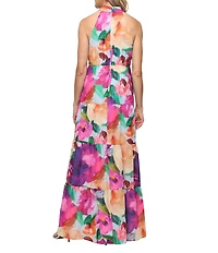 Ignite Evenings Printed Chiffon Floral Print Sleeveless Halter Neck Sheath Dress