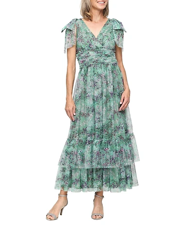 Ignite Evenings Printed Mesh Bow Double Tier Hem Midi Dress