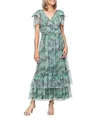 Ignite Evenings Printed Mesh Bow Double Tier Hem Midi Dress