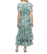 Ignite Evenings Printed Mesh Bow Double Tier Hem Midi Dress