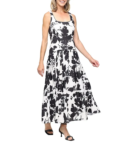 Ignite Evenings Printed Twill Drop Waist Scallop Trim Midi Dress