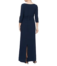 Ignite Evenings Ruched Waist Embellished Illusion Sleeve Gown