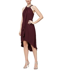 Ignite Evenings Beaded Halter Neck Satin Back Crepe High-Low Ruffle Front Sleeveless Dress